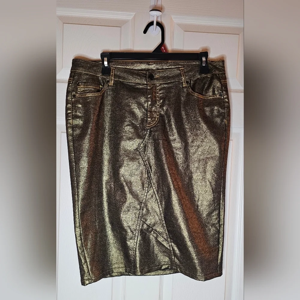 Bisou Bisou Gold Metallic Denim Pencil Skirt Y2K - Size 12 - Picture 1 of 4